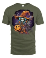 Haunted Pumpkin Skeleton Witch Halloween T-shirt - military green t-shirt on white background