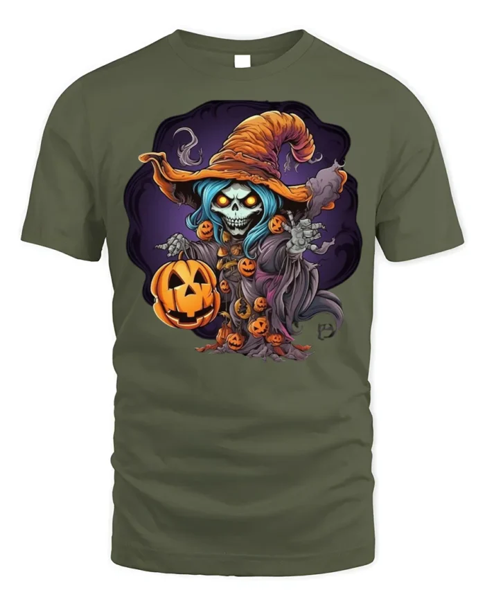 Haunted Pumpkin Skeleton Witch Halloween T-shirt - military green t-shirt on white background