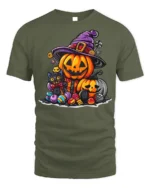 Cute Pumpkin Witch Cat Halloween Candy T-shirt - military green t-shirt on white background