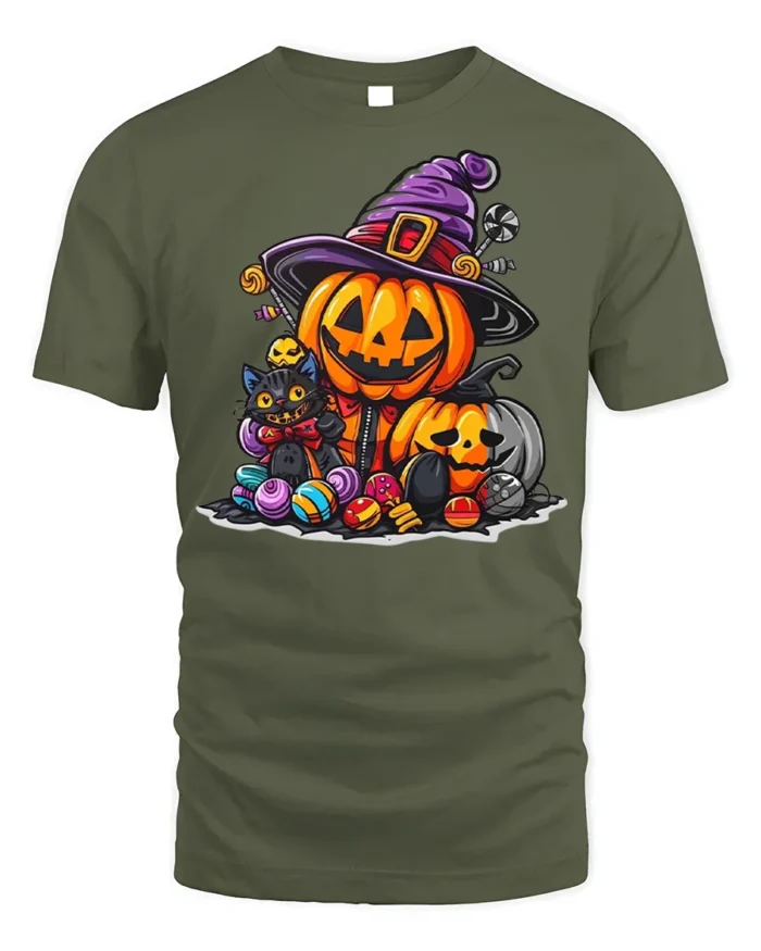 Cute Pumpkin Witch Cat Halloween Candy T-shirt - military green t-shirt on white background