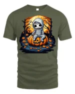 Cute Baby Mummy Sitting on Pumpkin Halloween T-shirt - military green t-shirt on white background
