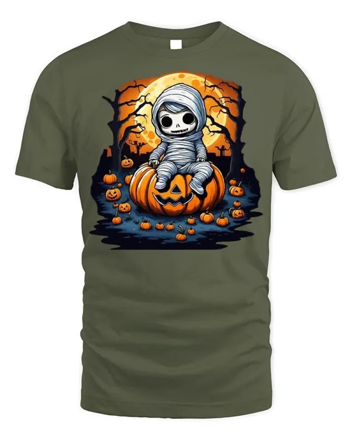 Cute Baby Mummy Sitting on Pumpkin Halloween T-shirt - military green t-shirt on white background