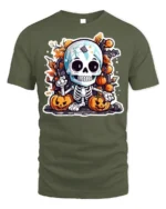 Cute Halloween Skeleton with Pumpkins T-shirt - military green t-shirt on white background