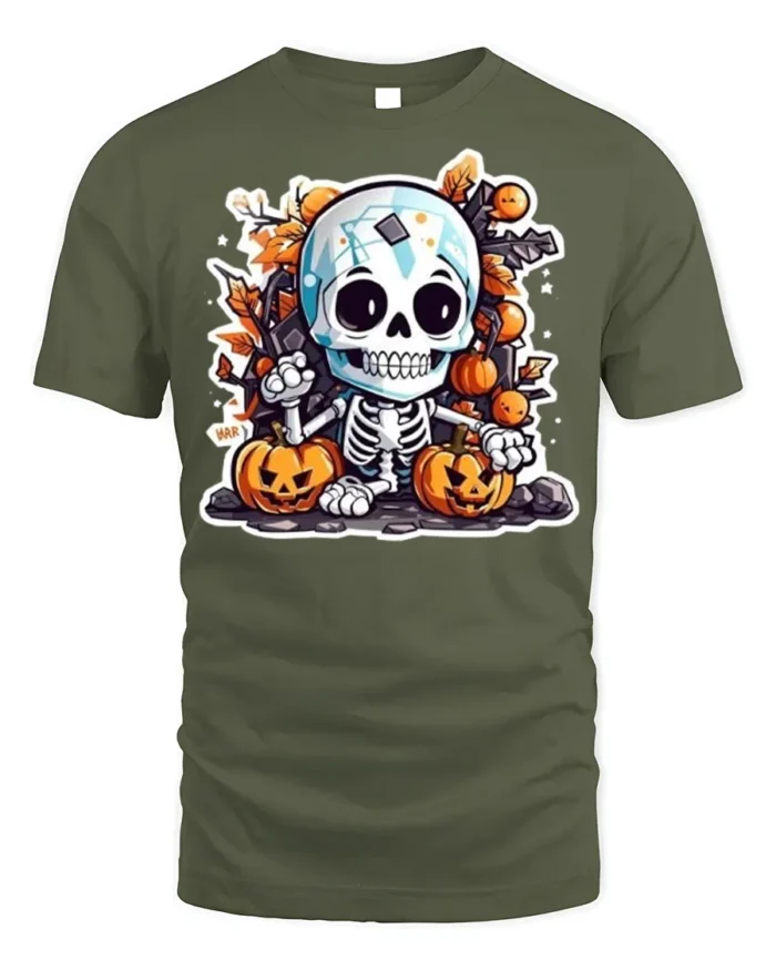 Cute Halloween Skeleton with Pumpkins T-shirt - military green t-shirt on white background