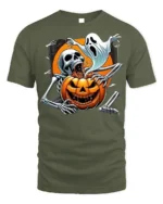 Skeleton Ghost Pumpkin Horror Halloween T-shirt - military green t-shirt on white background