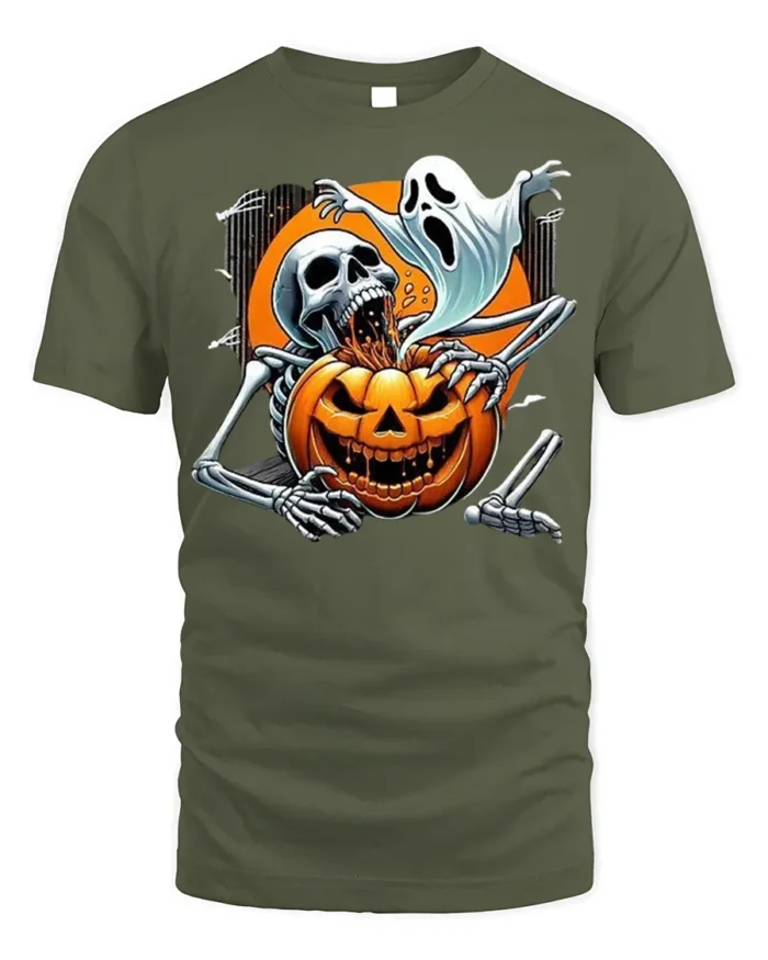 Skeleton Ghost Pumpkin Horror Halloween T-shirt - military green t-shirt on white background