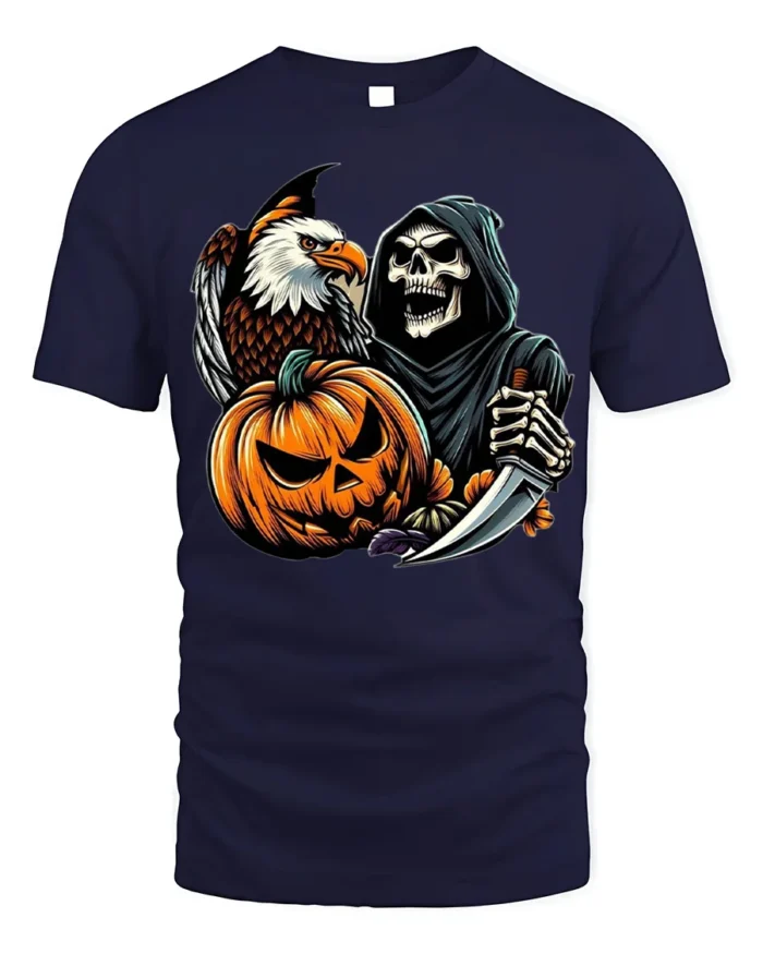 Grim Reaper Eagle Pumpkin Halloween T-shirt - navy t-shirt on white background