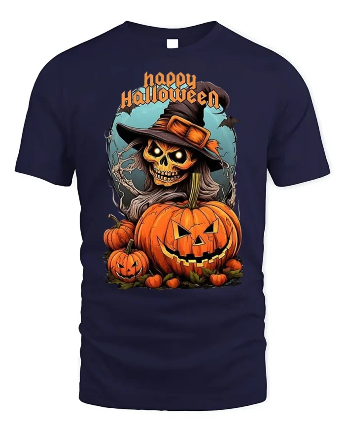Witch Skull Pumpkin Happy Halloween T-shirt - navy t-shirt on white background