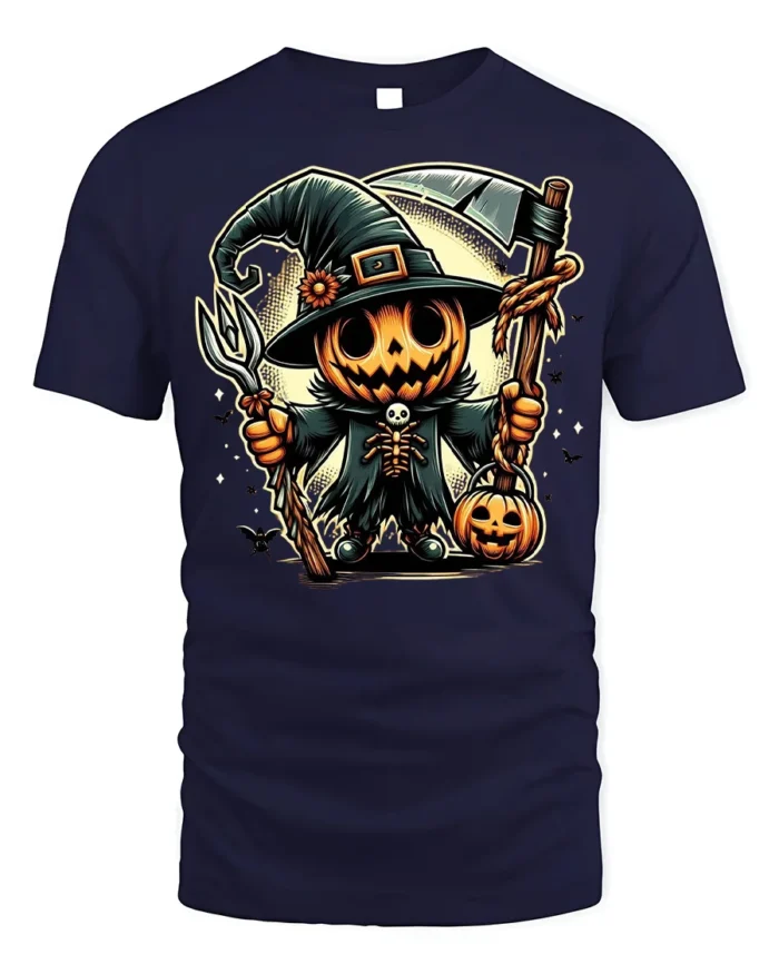 Pumpkin Scarecrow Witch Halloween T-shirt - navy t-shirt on white background