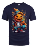 Street Style Pumpkin Head Halloween T-shirt - navy t-shirt on white background