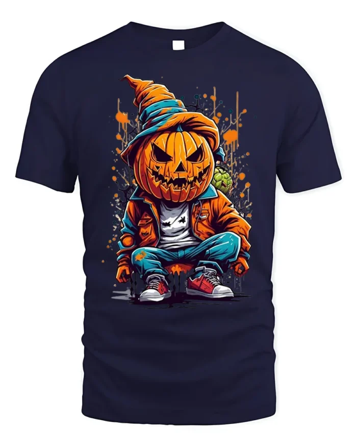 Street Style Pumpkin Head Halloween T-shirt - navy t-shirt on white background