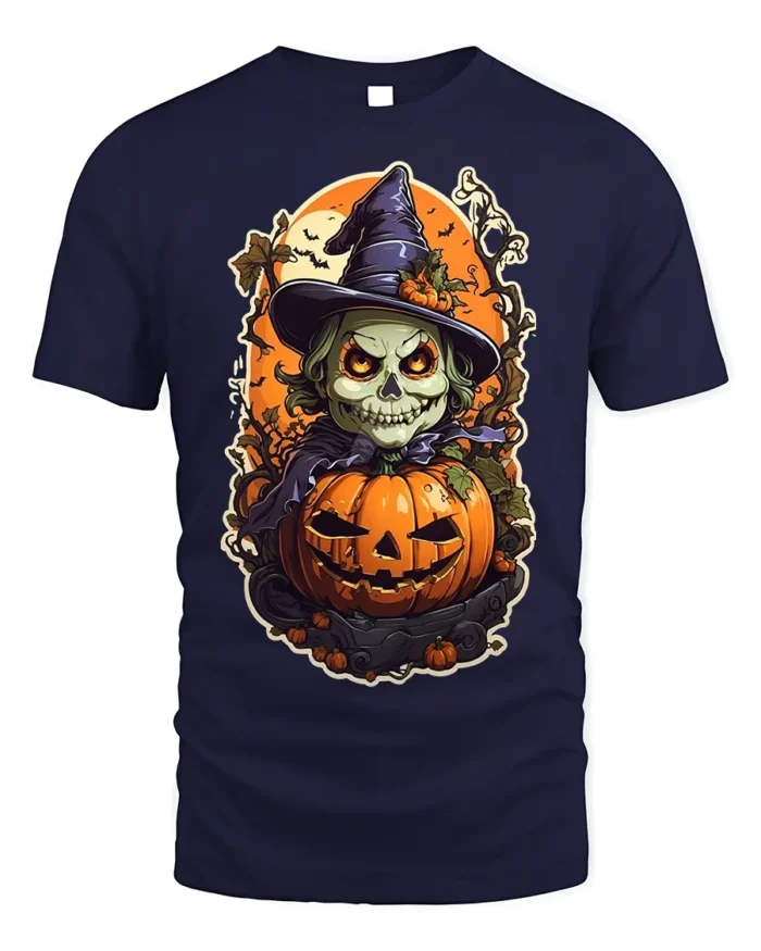 Evil Witch Skull Pumpkin Halloween T-shirt - navy t-shirt on white background