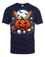 Halloween Pumpkin Baseball Moon Night T-shirt - navy t-shirt on white background