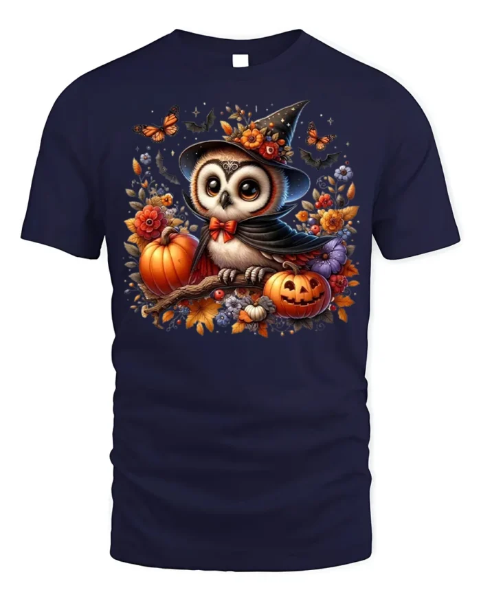 Cute Halloween Owl Pumpkin Witch Hat T-shirt - navy t-shirt on white background