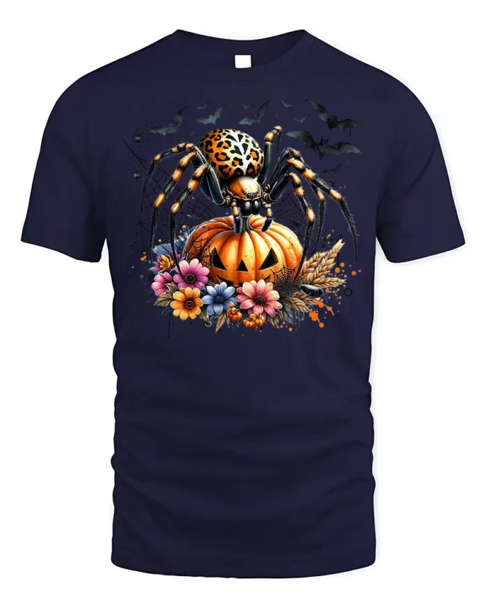 Leopard Spider Pumpkin Halloween Night T-shirt - navy t-shirt on white background