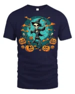 Skeleton Witch Pumpkin Halloween T-shirt - navy t-shirt on white background