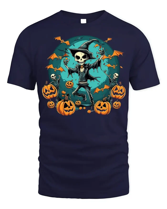 Skeleton Witch Pumpkin Halloween T-shirt - navy t-shirt on white background