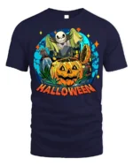 Spooky Pumpkin Bat Moon Halloween Night T-shirt - navy t-shirt on white background