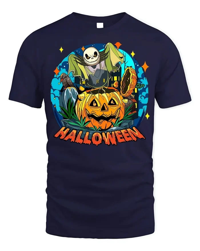 Spooky Pumpkin Bat Moon Halloween Night T-shirt - navy t-shirt on white background