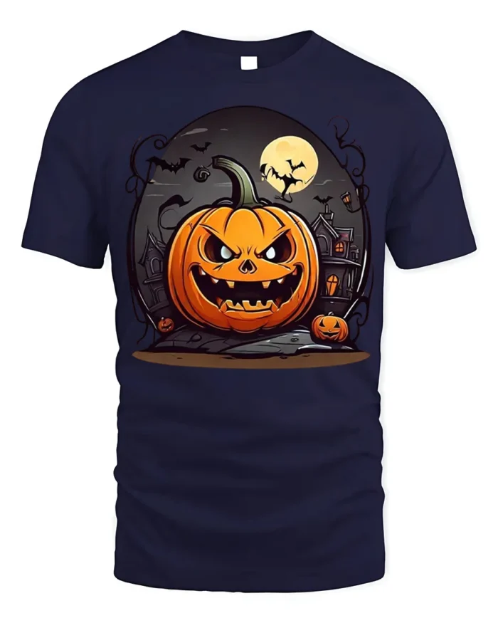 Evil Jack-o-Lantern Haunted House Halloween T-shirt - navy t-shirt on white background