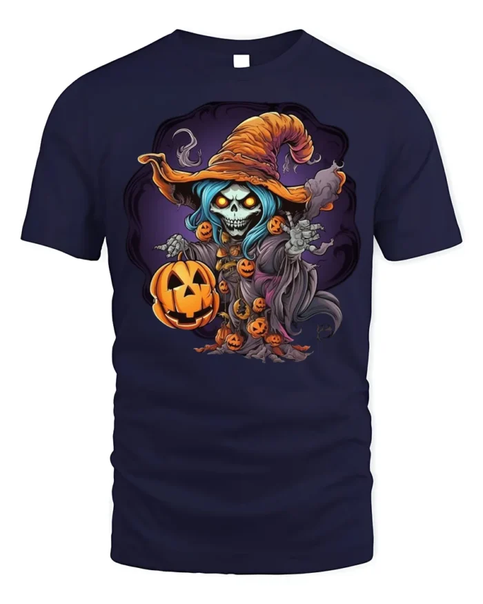 Haunted Pumpkin Skeleton Witch Halloween T-shirt - navy t-shirt on white background