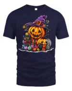 Cute Pumpkin Witch Cat Halloween Candy T-shirt - navy t-shirt on white background