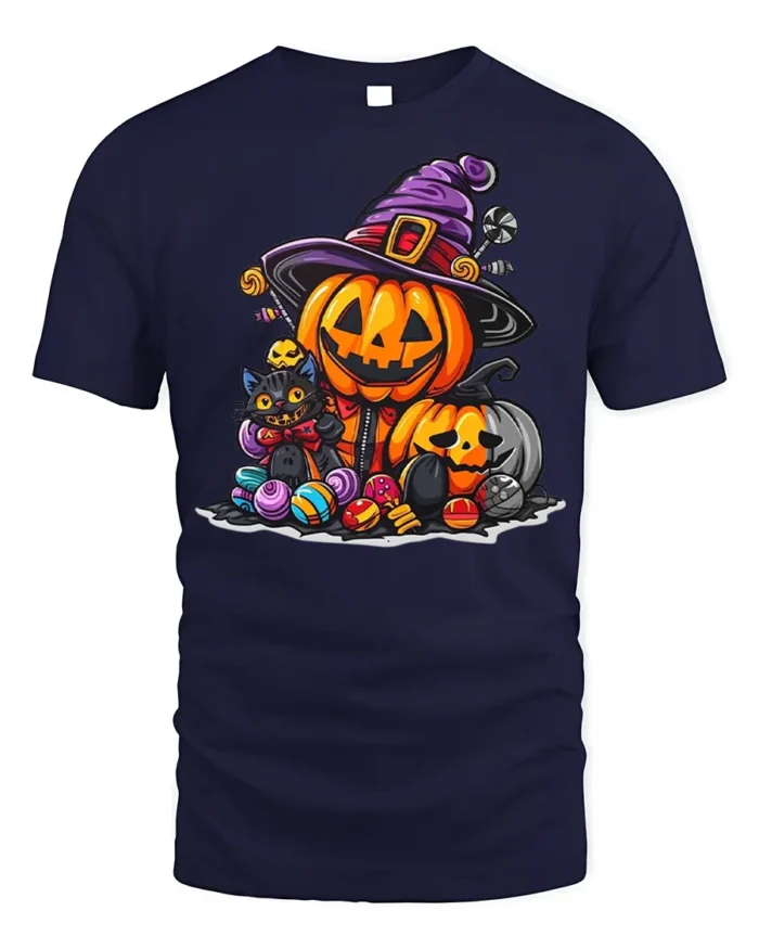 Cute Pumpkin Witch Cat Halloween Candy T-shirt - navy t-shirt on white background