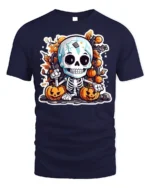Cute Halloween Skeleton with Pumpkins T-shirt - navy t-shirt on white background