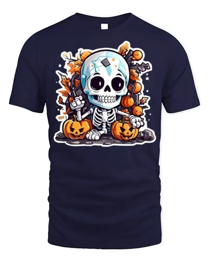 Cute Halloween Skeleton with Pumpkins T-shirt - navy t-shirt on white background