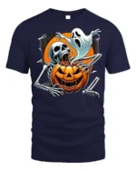 Skeleton Ghost Pumpkin Horror Halloween T-shirt - navy t-shirt on white background