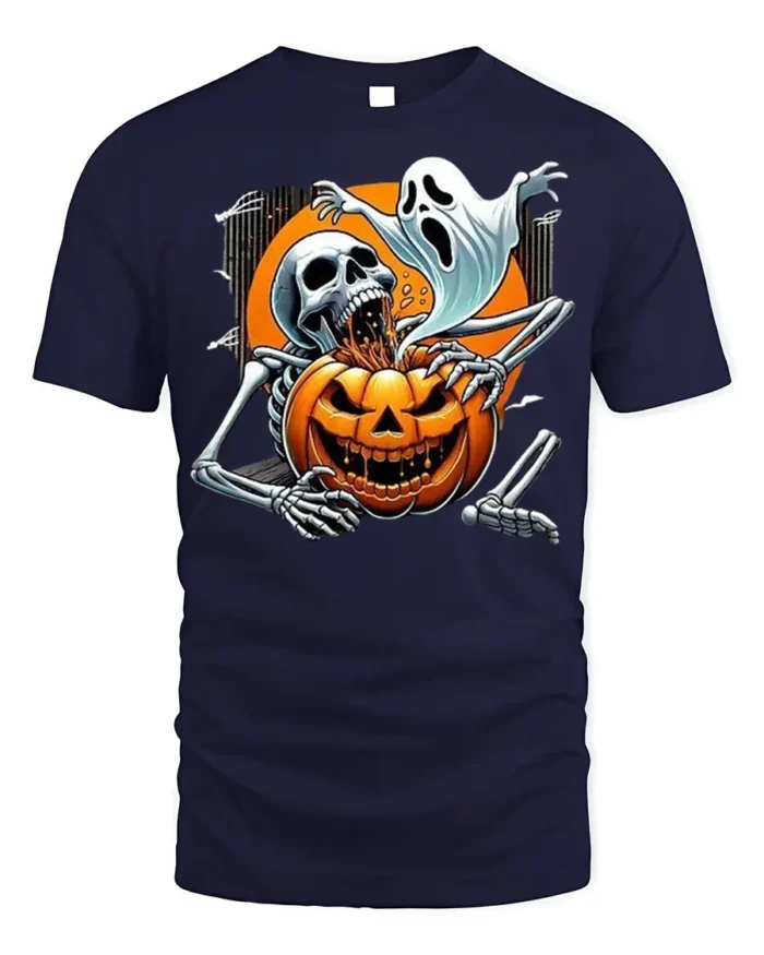 Skeleton Ghost Pumpkin Horror Halloween T-shirt - navy t-shirt on white background