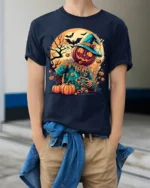 Haunted Pumpkin Scarecrow Halloween T-shirt - model wearing navy shirt, hands in pockets
