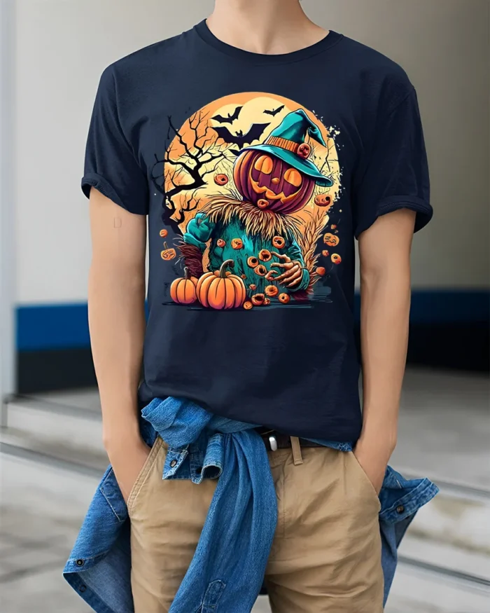 Haunted Pumpkin Scarecrow Halloween T-shirt - model wearing navy shirt, hands in pockets
