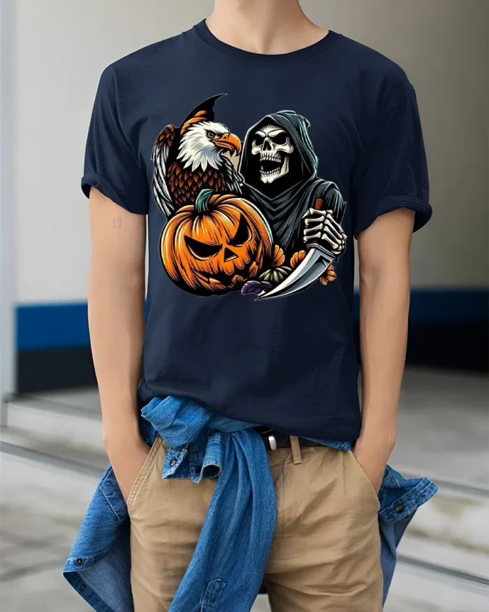 Grim Reaper Eagle Pumpkin Halloween T-shirt - model wearing navy shirt, hands in pockets