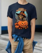 Witch Skull Pumpkin Happy Halloween T-shirt - model wearing navy shirt, hands in pockets