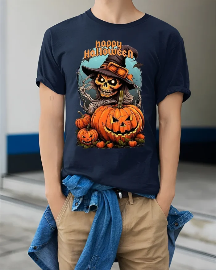 Witch Skull Pumpkin Happy Halloween T-shirt - model wearing navy shirt, hands in pockets