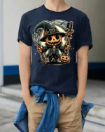 Pumpkin Scarecrow Witch Halloween T-shirt - model wearing navy shirt, hands in pockets