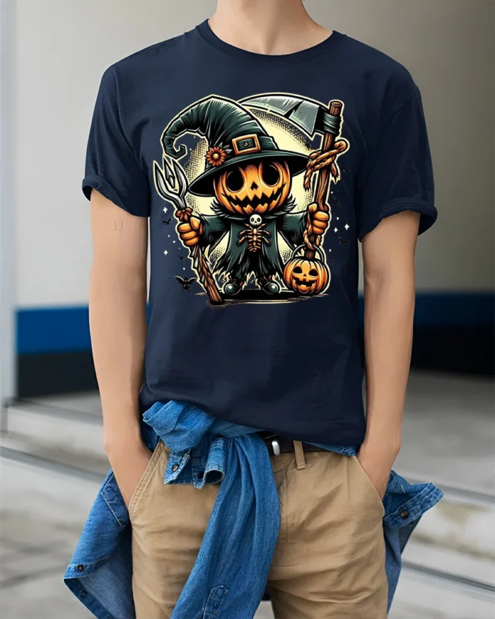 Pumpkin Scarecrow Witch Halloween T-shirt - model wearing navy shirt, hands in pockets