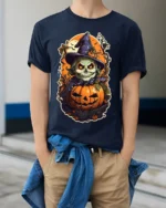 Evil Witch Skull Pumpkin Halloween T-shirt - model wearing navy shirt, hands in pockets
