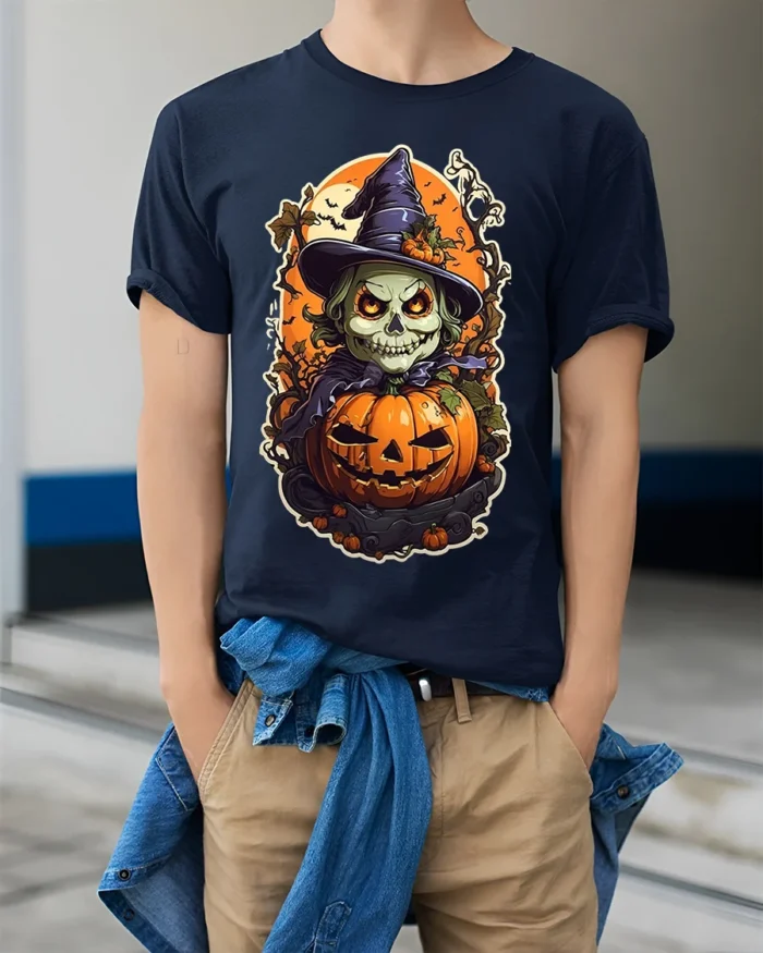 Evil Witch Skull Pumpkin Halloween T-shirt - model wearing navy shirt, hands in pockets