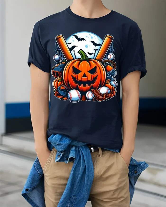 Halloween Pumpkin Baseball Moon Night T-shirt - model wearing navy shirt, hands in pockets