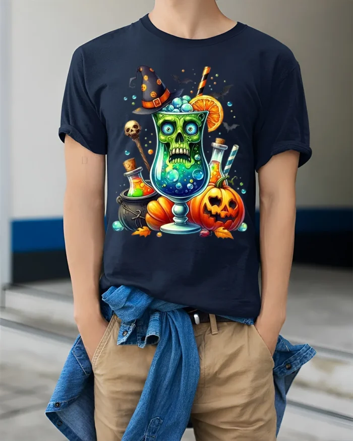 Halloween Witch Potion Skull Drink T-shirt - model wearing navy shirt, hands in pockets
