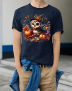 Cute Halloween Owl Pumpkin Witch Hat T-shirt - model wearing navy shirt, hands in pockets