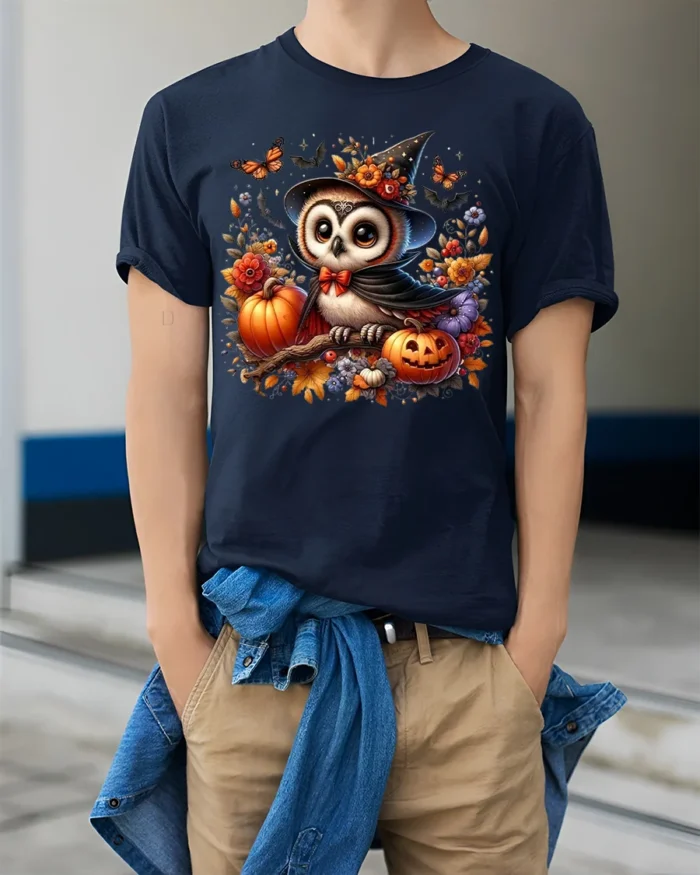 Cute Halloween Owl Pumpkin Witch Hat T-shirt - model wearing navy shirt, hands in pockets