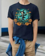 Skeleton Witch Pumpkin Halloween T-shirt - model wearing navy shirt, hands in pockets