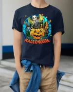 Spooky Pumpkin Bat Moon Halloween Night T-shirt - model wearing navy shirt, hands in pockets