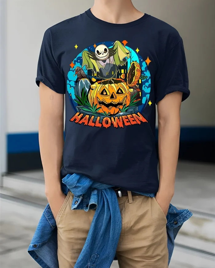 Spooky Pumpkin Bat Moon Halloween Night T-shirt - model wearing navy shirt, hands in pockets