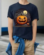 Evil Jack-o-Lantern Haunted House Halloween T-shirt - model wearing navy shirt, hands in pockets