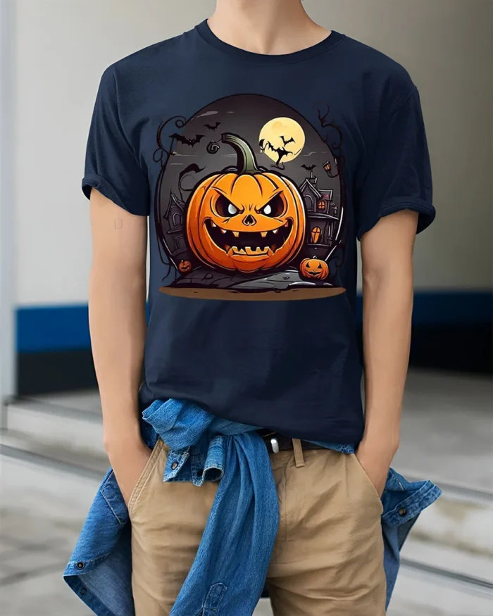 Evil Jack-o-Lantern Haunted House Halloween T-shirt - model wearing navy shirt, hands in pockets