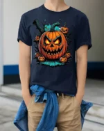 Fiery Evil Jack-o-Lantern Halloween T-shirt - model wearing navy shirt, hands in pockets